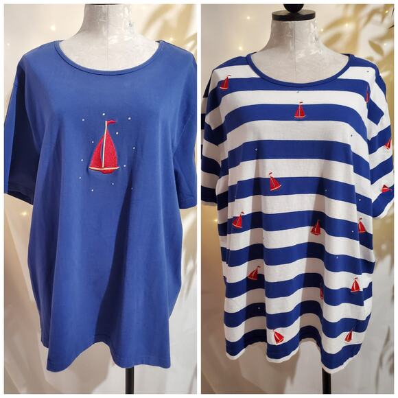 Quacker Factory Set of 2 Nautical Sailboat Rhinestone Short Sleeve Tops Size 3X - Picture 1 of 12